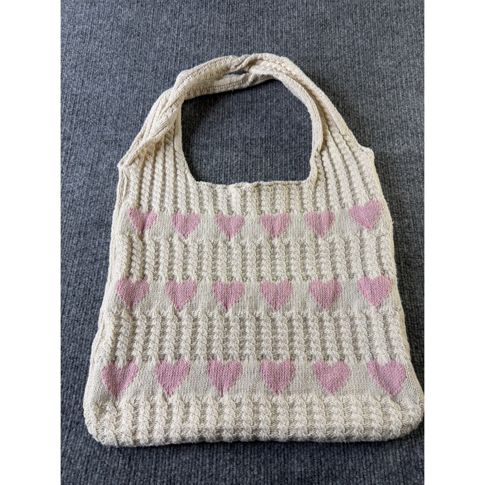 Knit Tote Bag Pink Hearts Cream Crochet Shoulder Purse‎